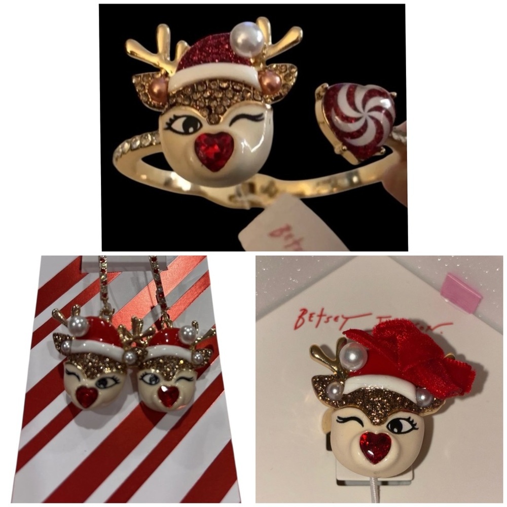 BETSEY JOHNSON SET Christmas Rudolph Reindeer Bracelet Earrings & Ring NEW NWT